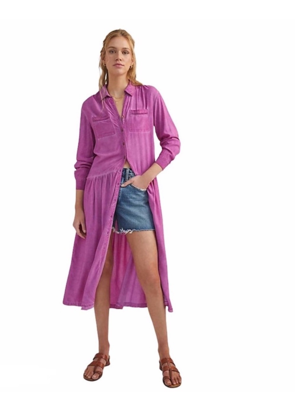 Anthropologie Pilcro Shirt Dress Women's Small Kimberly Raspberry Pink Pockets.